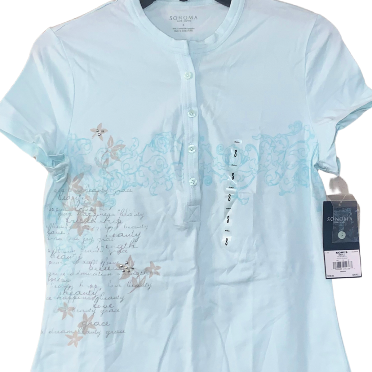 Sonoma Size Small Shirt Short Sleeve Button Neck Aqua Blue Soft Stretchy NWT