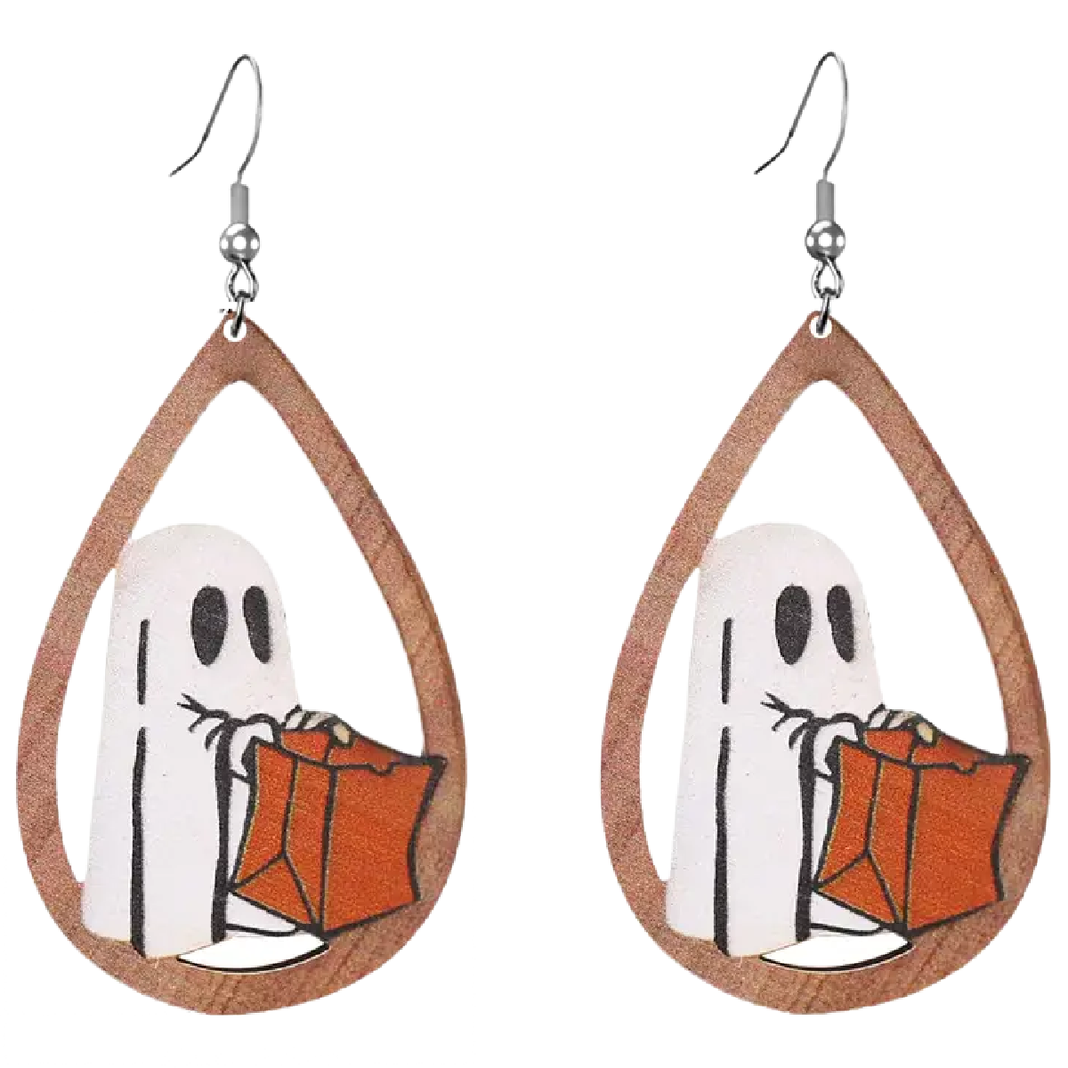 Halloween Ghost Trick-Or-Treat Earrings Teardrop Wooden Hollow Dangle NEW