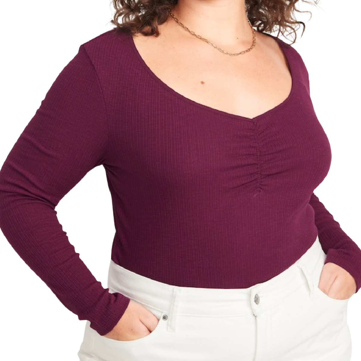 Long-Sleeve Cinched-Front Rib-Knit T-Shirt for Women Size 4X in Winter Wine NWT