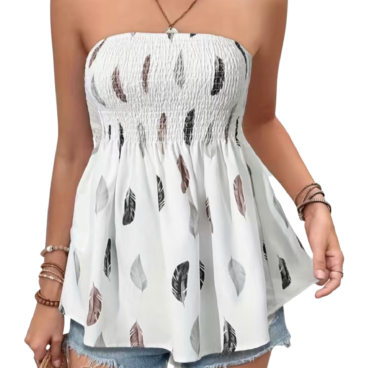 Boho Bandeau Ruched Bust Shirred Tube Top Feather Print Strapless Summer Shirt