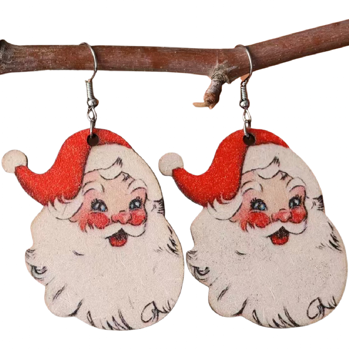 Santa Clause Wooden Earrings St. Nick White Beard Dangle Christmas Holiday NEW