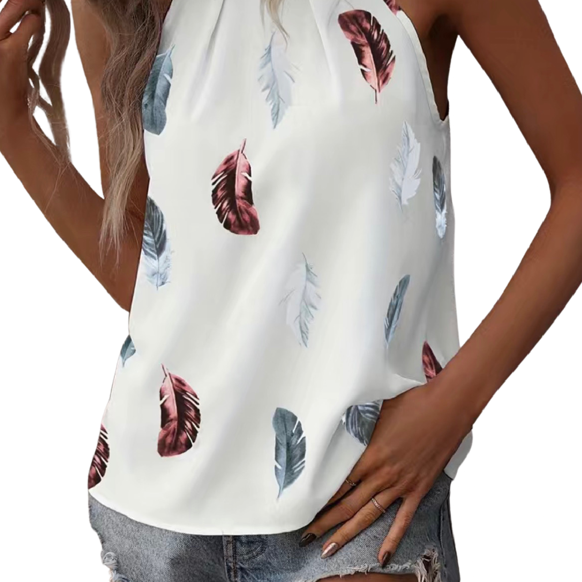 Halter Top Boho All Over Feather Print Keyhole Back Sleeveless Summer Shirt NWT