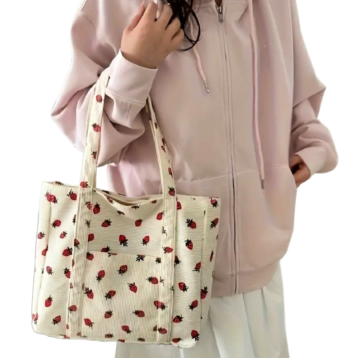 Corduroy Tote Bag Strawberry Pattern Large 13"x12" Shoulder Bag Purse New