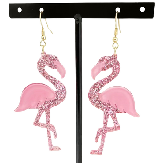 Glitter Pink Flamingo Bird Layered Acrylic Drop Dangle 3.15" Earrings New