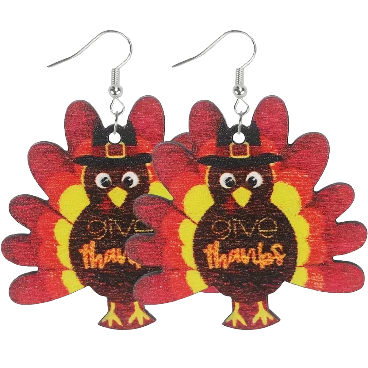 Thanksgiving Turkey Earrings Pilgrim Football Cartoon Autumn Fall Wooden NEW