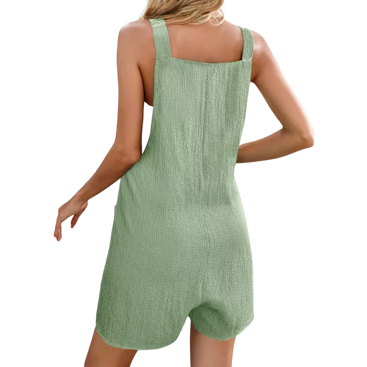 Textured Romper Jumpsuit Overalls In Light Green Adjustable Strap Pocket NEW
