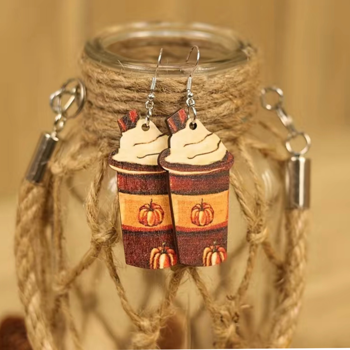 Autumn Pumpkin Wooden Earrings Gourds Coffee Latte Shake Fall Colors Dangle NEW