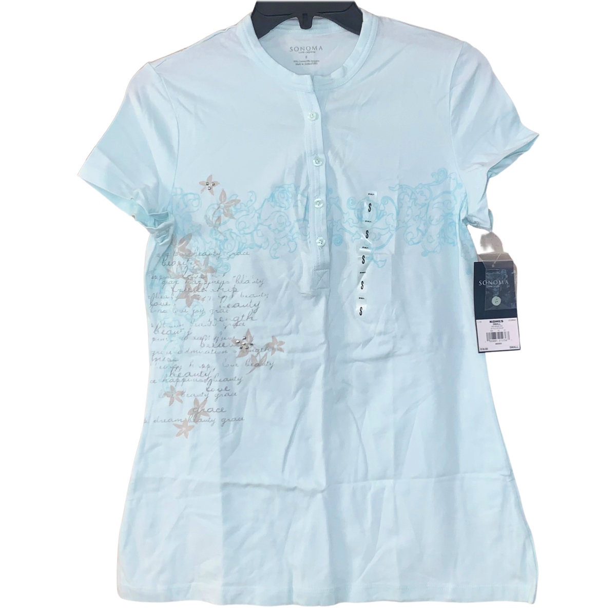 Sonoma Size Small Shirt Short Sleeve Button Neck Aqua Blue Soft Stretchy NWT