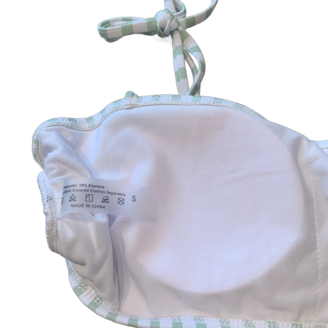 High Cut Green Stripe Bikini Swim Wear Size Small Bow Tie Shoulder 2 Pc Swimsuit