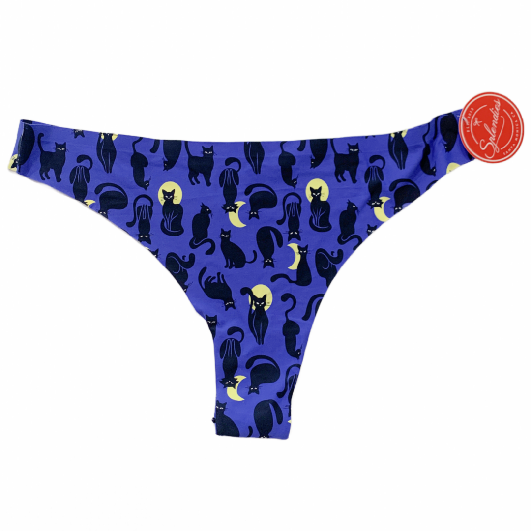 Splendies No-Show Thong Panties Halloween Black Cat Laser Cut Tagless NWT