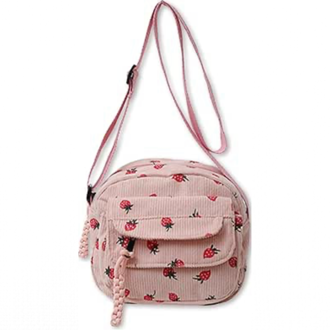 Small Corduroy Strawberry Print Shoulder Hand Bag Purse Crossbody New