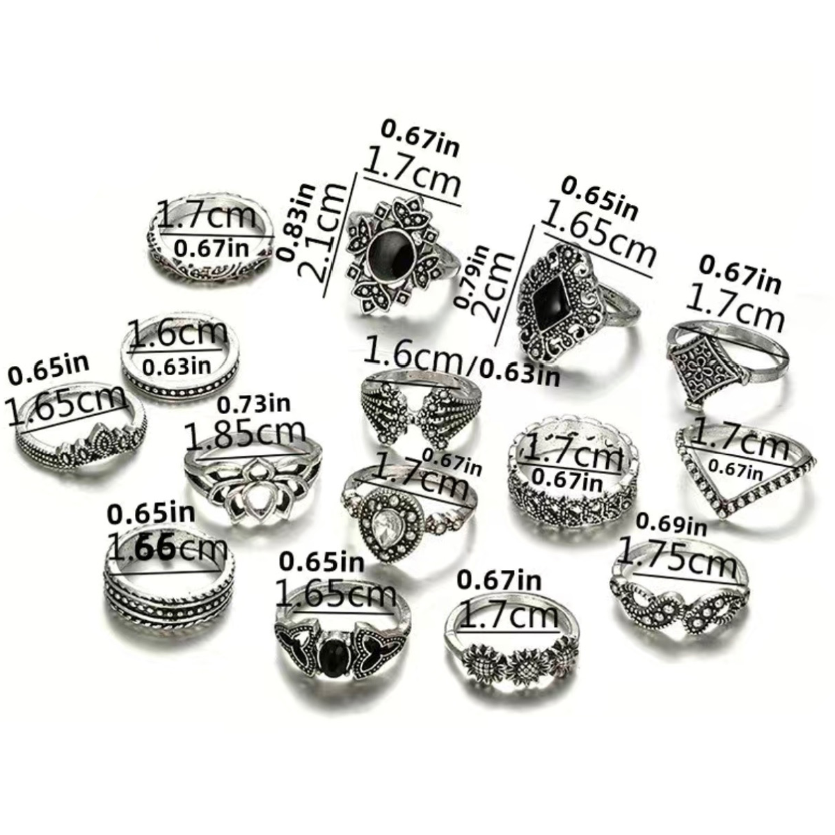 15pc Ring Set Retro Lotus Flower Filigree Fancy Silvertone & Black Size 6-7 NEW