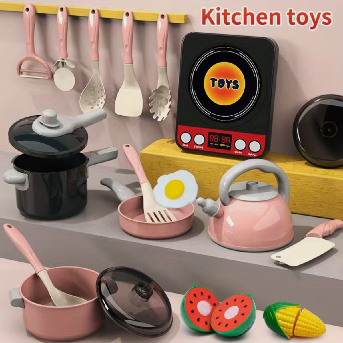 Kids Play Kitchen Food Cooking Utensils Pots Pans Accessories Set