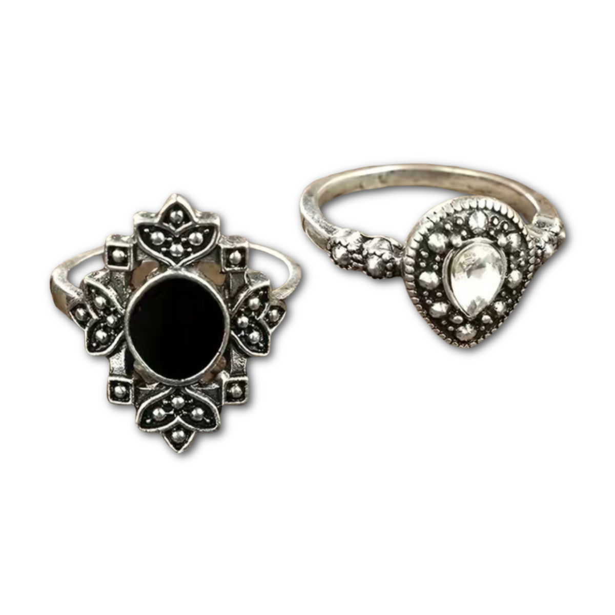 15pc Ring Set Retro Lotus Flower Filigree Fancy Silvertone & Black Size 6-7 NEW