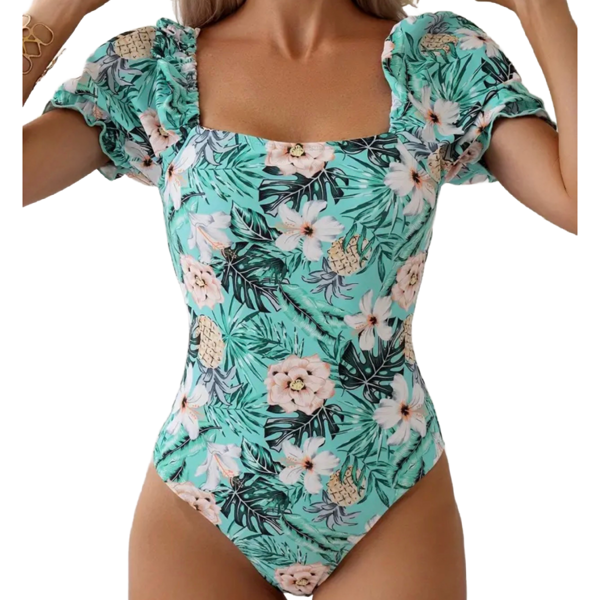 Ruffle Sleeve Swimsuit Square Neck Criss Cross Strap Back Padded New