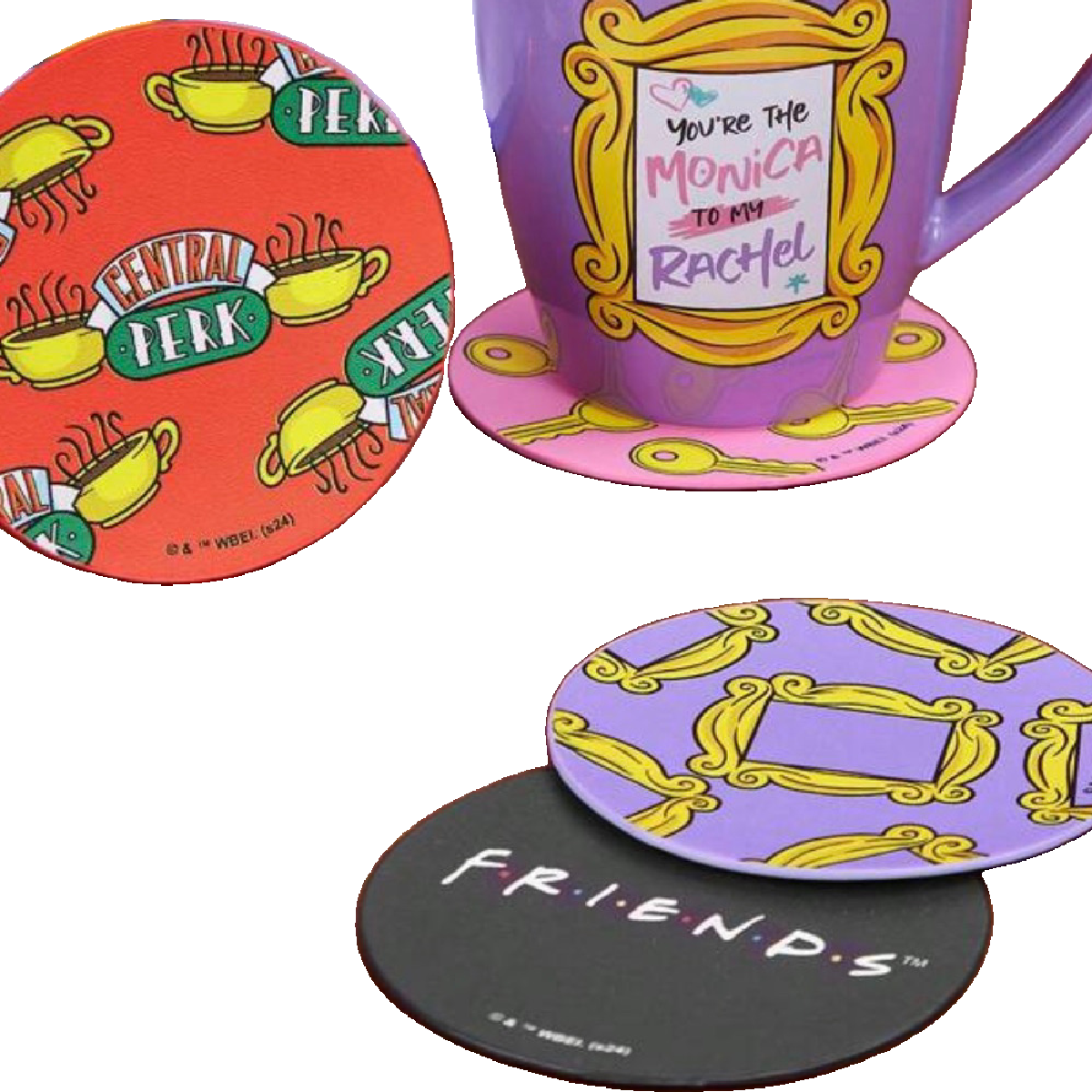 TV Show FRIENDS Drink Cup Coasters Set Faux Leather 3.9" Round New Lot of 4