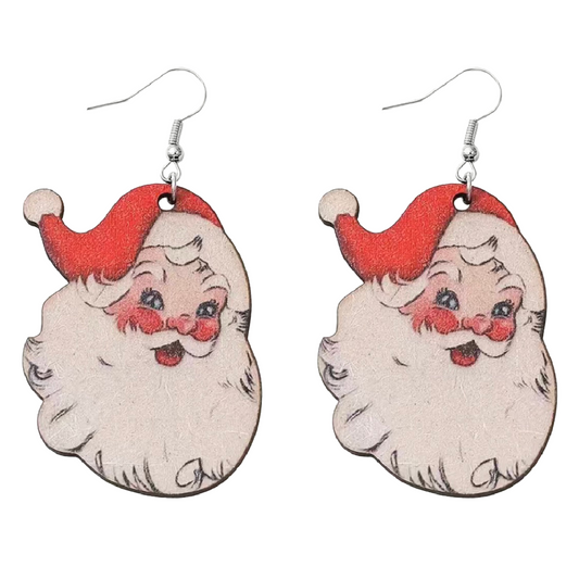Santa Clause Wooden Earrings St. Nick White Beard Dangle Christmas Holiday NEW
