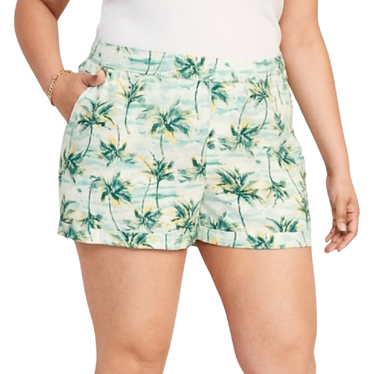 High-Waisted Linen-Blend Shorts Size 4X Palm Tree Tropical Print 3.5 Inseam NEW