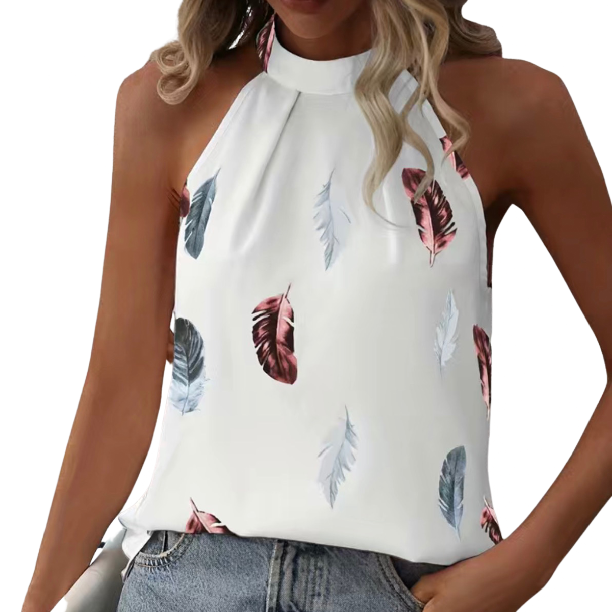 Halter Top Boho All Over Feather Print Keyhole Back Sleeveless Summer Shirt NWT