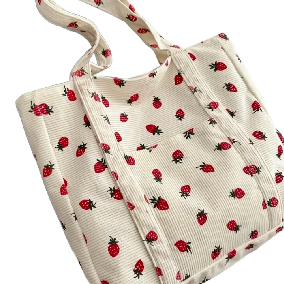 Corduroy Tote Bag Strawberry Pattern Large 13"x12" Shoulder Bag Purse New