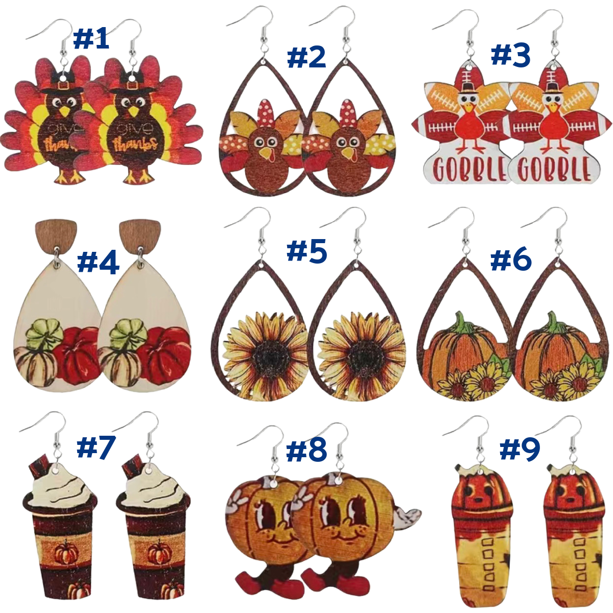 Thanksgiving Turkey Earrings Pilgrim Football Cartoon Autumn Fall Wooden NEW