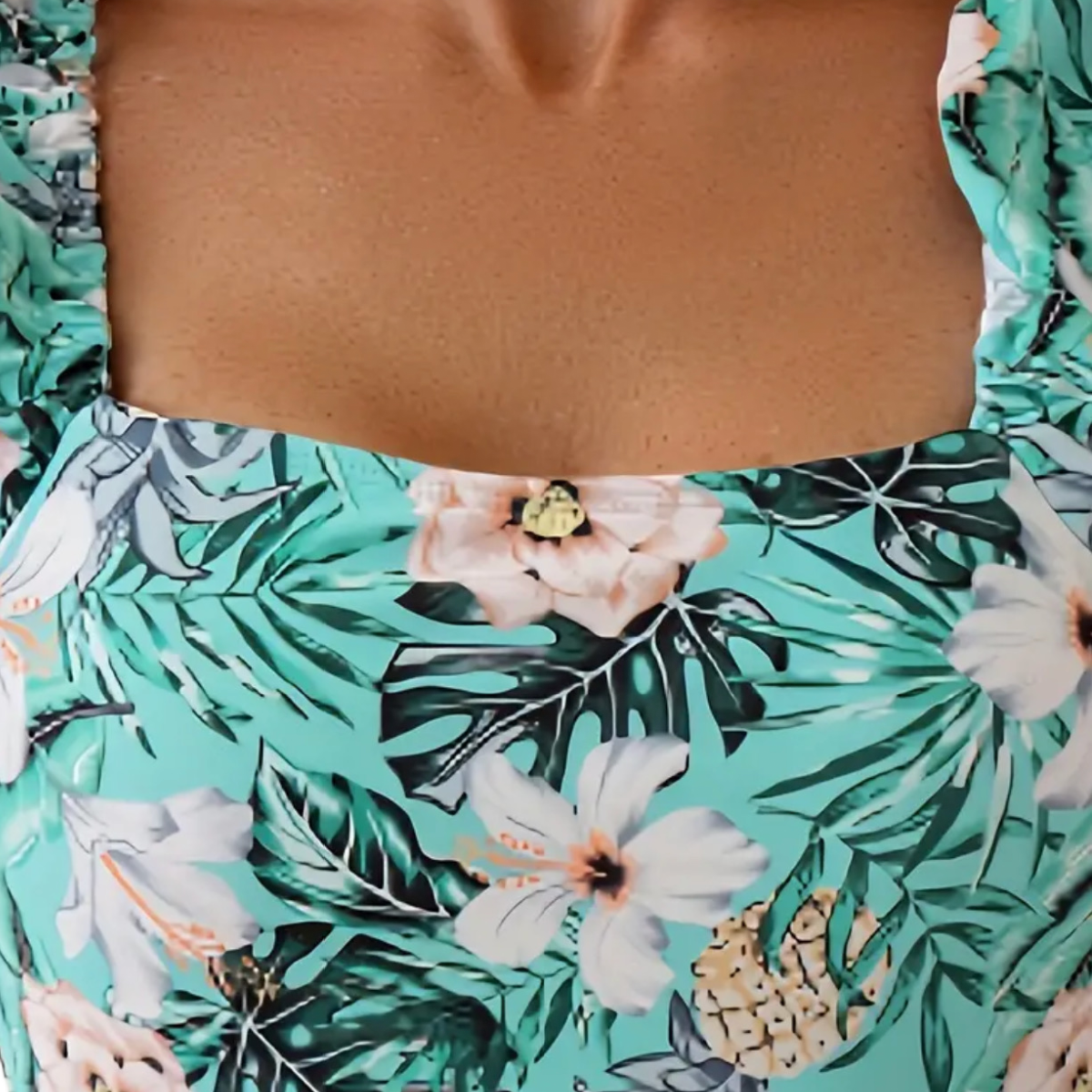 Ruffle Sleeve Swimsuit Square Neck Criss Cross Strap Back Padded New