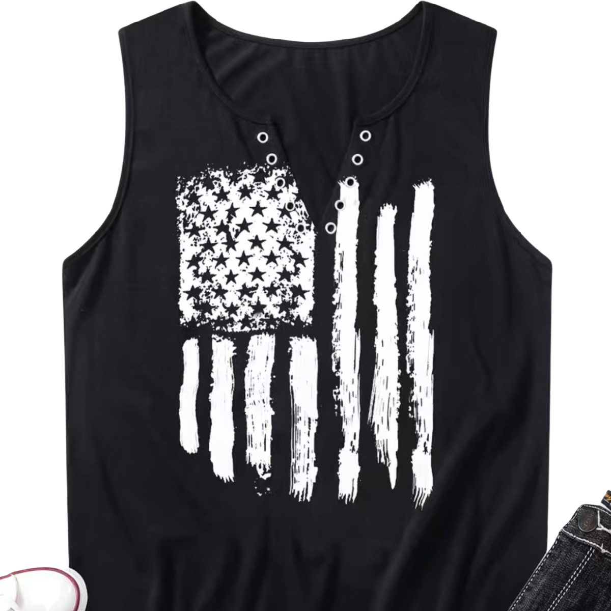 Women's Size 14 Flag Print V-Neck Soft Jersey Tank Top Black & White Shirt NEW