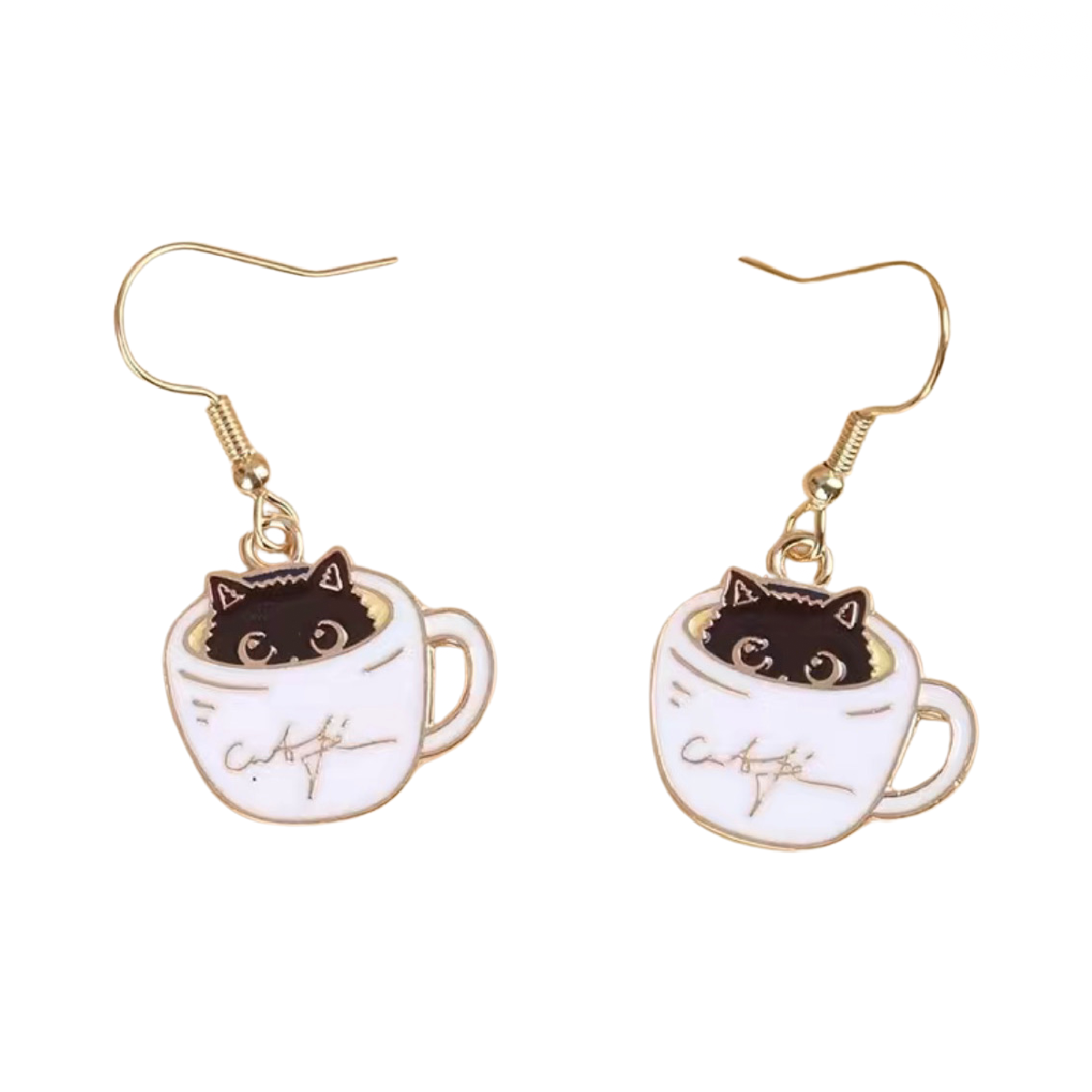 Adorable Black Cat Earrings Kitty in a Coffee Tea Cup Purr-fect Accessory NEW