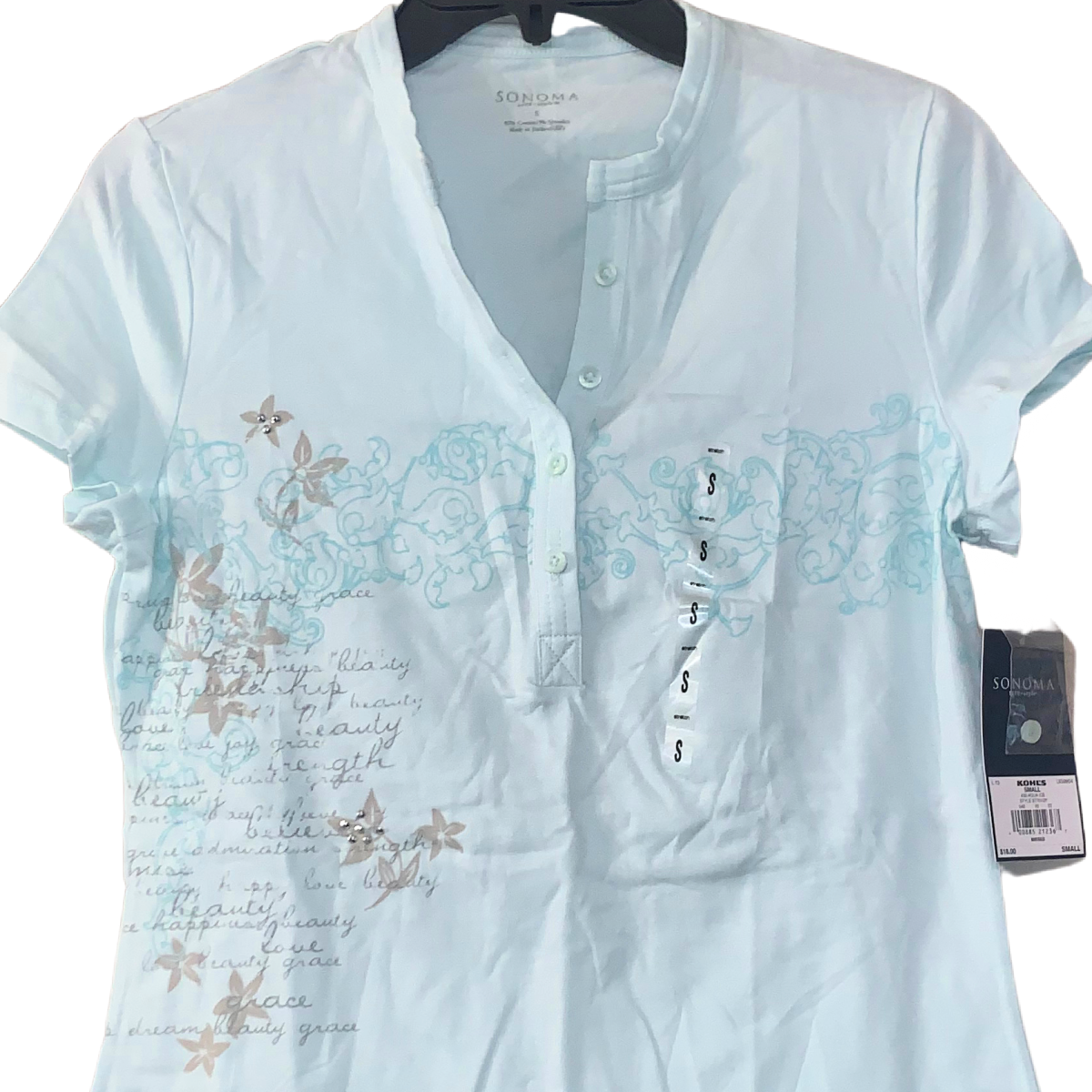 Sonoma Size Small Shirt Short Sleeve Button Neck Aqua Blue Soft Stretchy NWT
