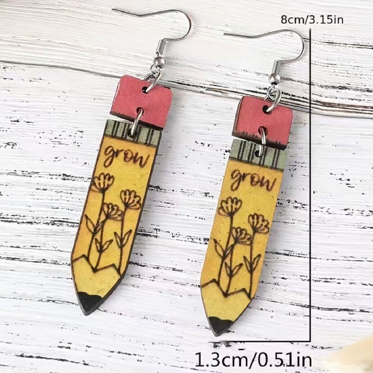 Floral Yellow Pencil Back To School Wooden Dangle Earrings Teacher Student New