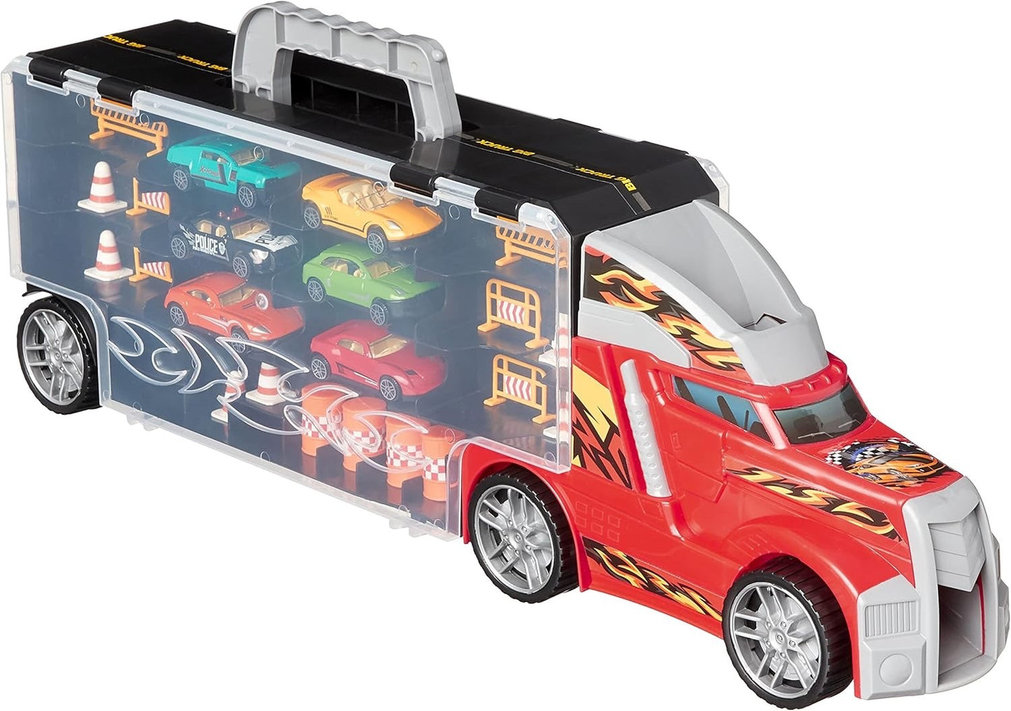 Kids Transport Car Carrier Truck Toy, 6 Die-Cast Vehicles & Road Accessories New