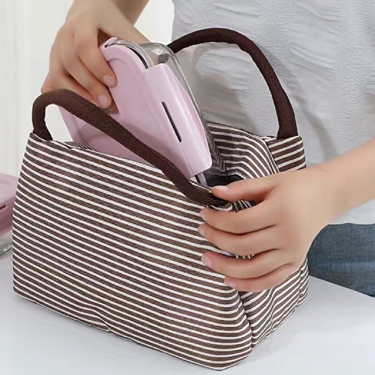 Insulated Striped Lunch Bag For School Work Travel Picnic Lightweight Nylon NEW