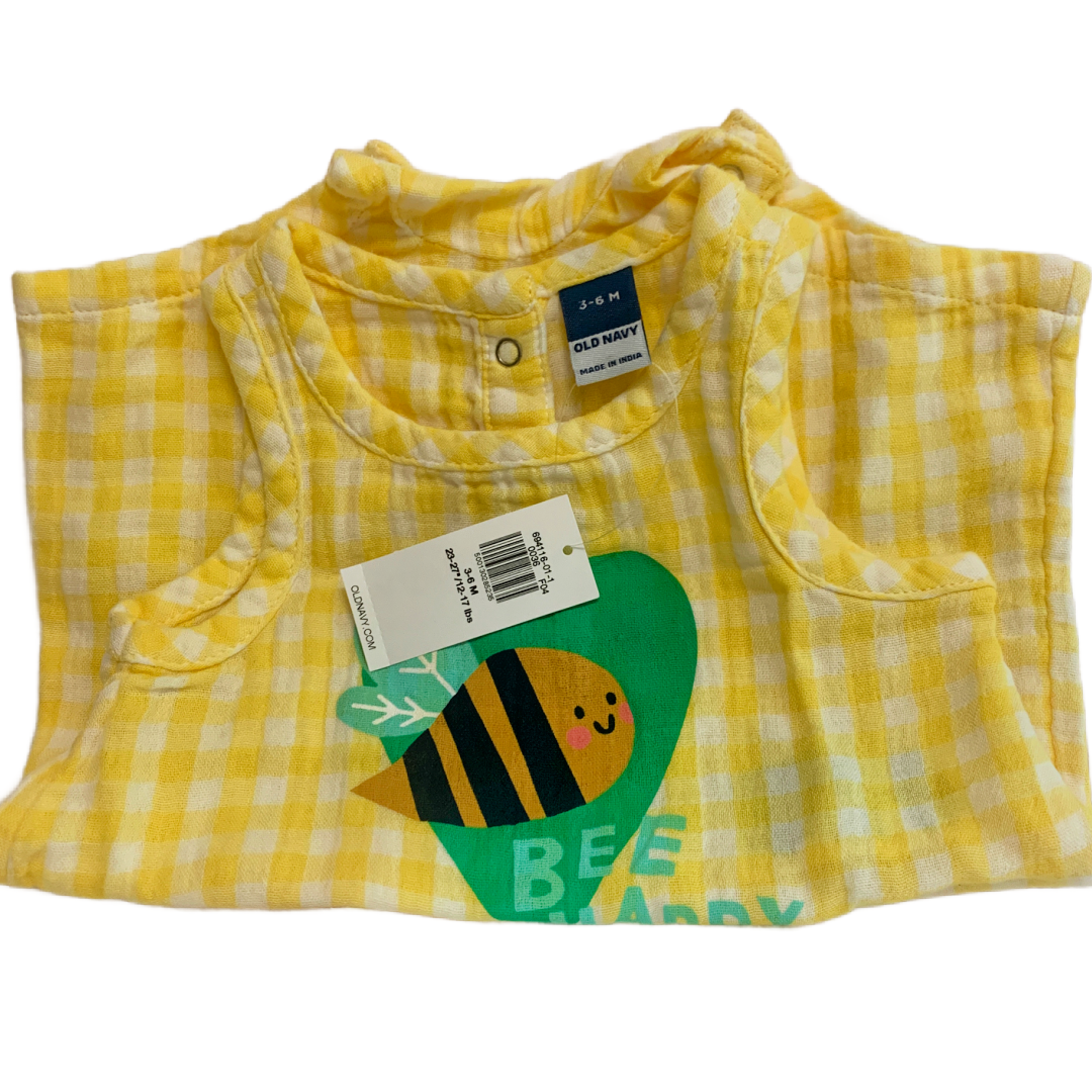 Old Navy Bee Happy Baby Romper Size 3-6 Months Sleeveless Yellow Gingham NWT