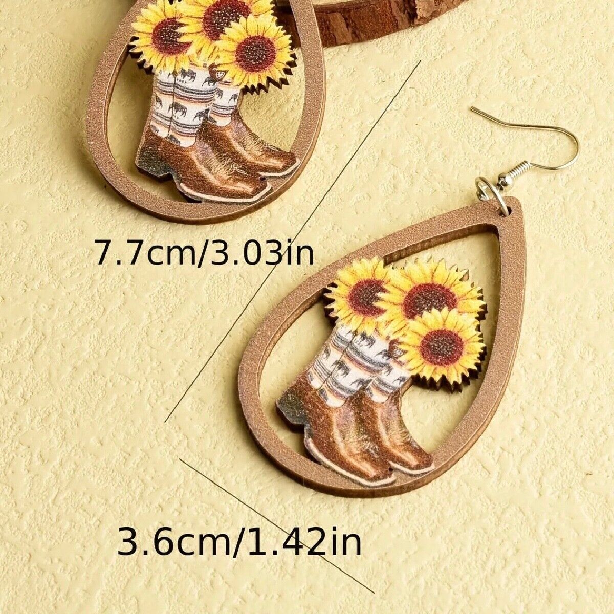 Teardrop Western Style Earrings Wooden Hollow Cowboy Boots Sunflowers Dangle New