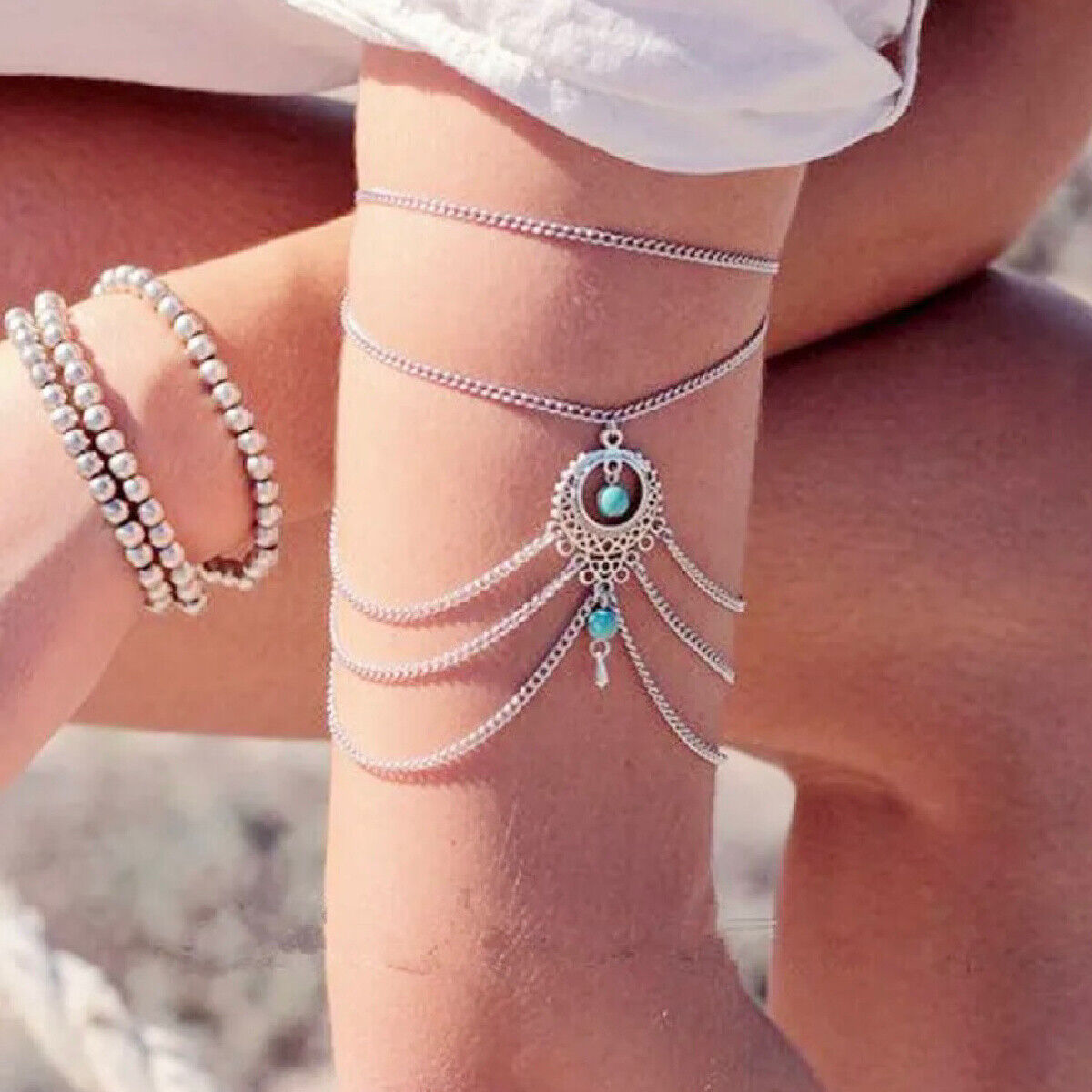 Turquoise Boho Geometric Hollow Anklet in Silver or Gold Tone NEW Foot Jewelry