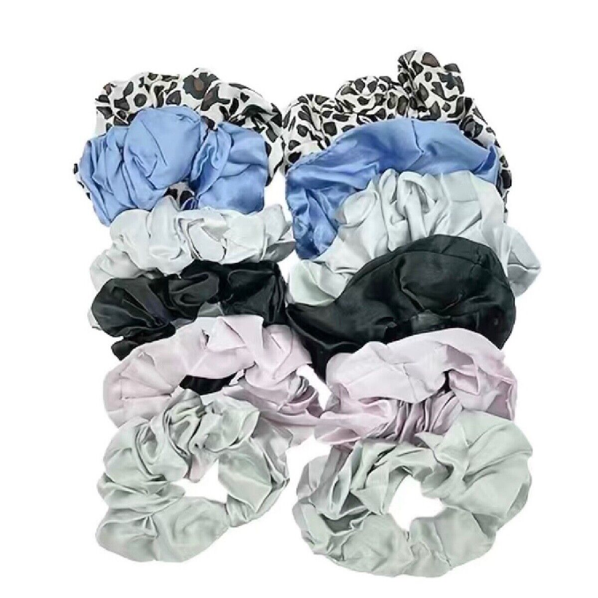 12pc Large Satin Hair Scrunchies Elegant Comfortable Lot Blue Pink Gray Ties NEW