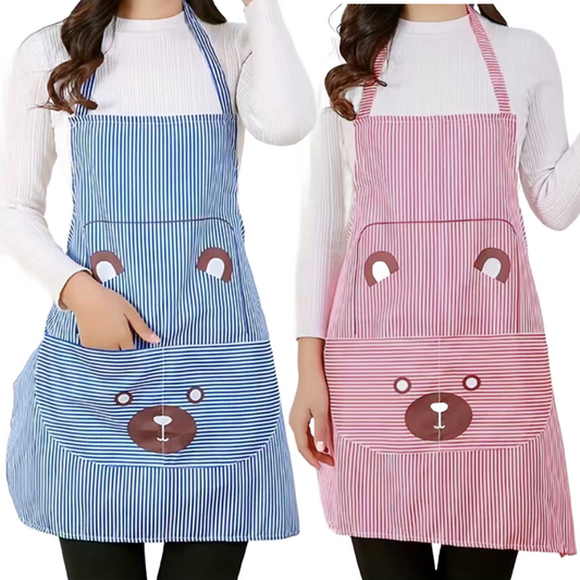 Striped Bear Print Bib Apron Cartoon Animal Kitchen BBQ Baking Everyday NEW