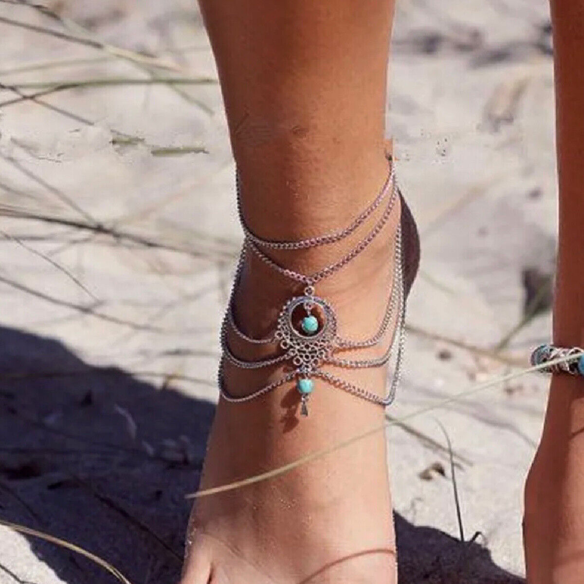 Turquoise Boho Geometric Hollow Anklet in Silver or Gold Tone NEW Foot Jewelry