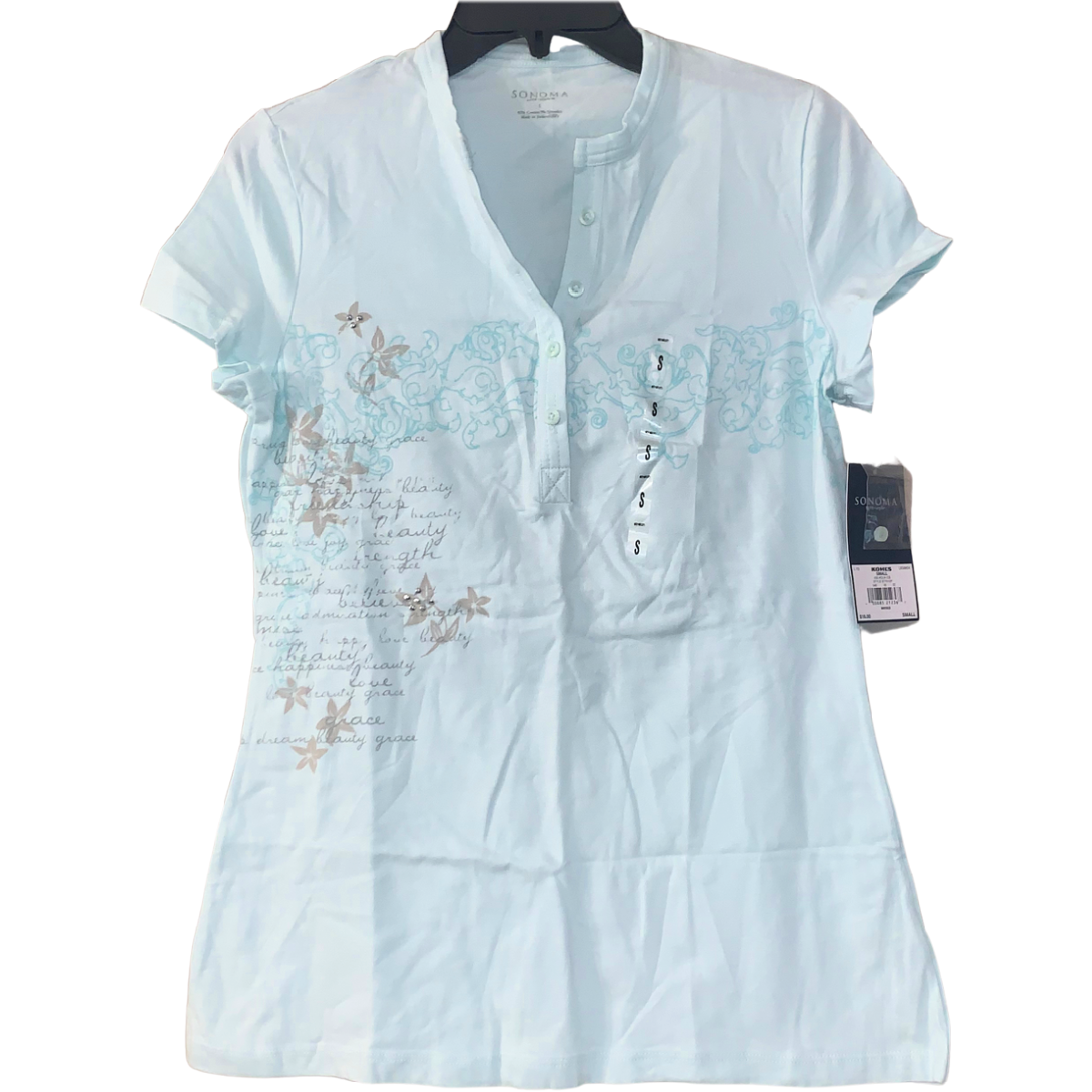 Sonoma Size Small Shirt Short Sleeve Button Neck Aqua Blue Soft Stretchy NWT