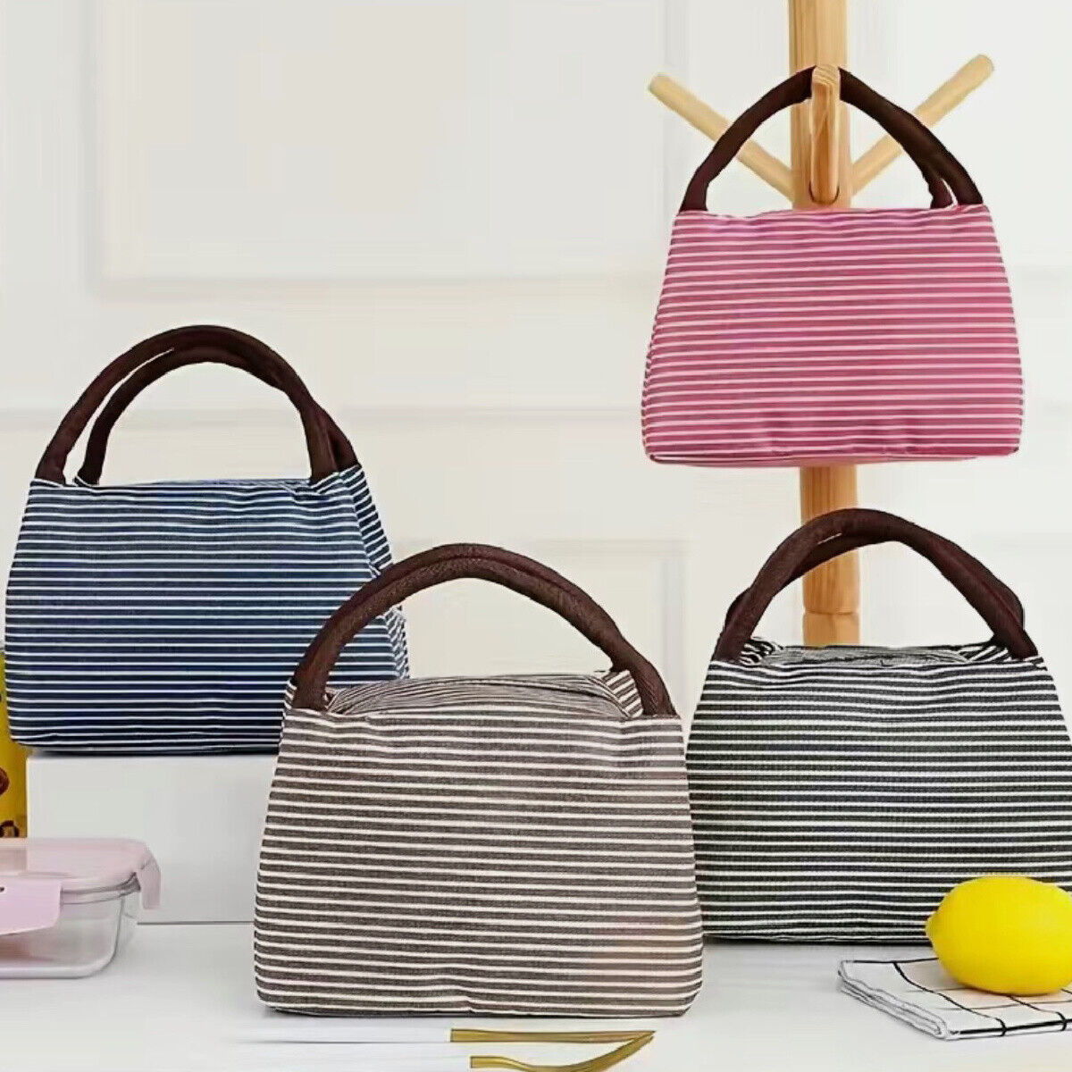 Insulated Striped Lunch Bag For School Work Travel Picnic Lightweight Nylon NEW
