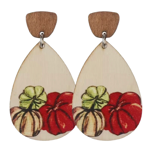 Autumn Pumpkin Wooden Earrings Gourds Coffee Latte Shake Fall Colors Dangle NEW