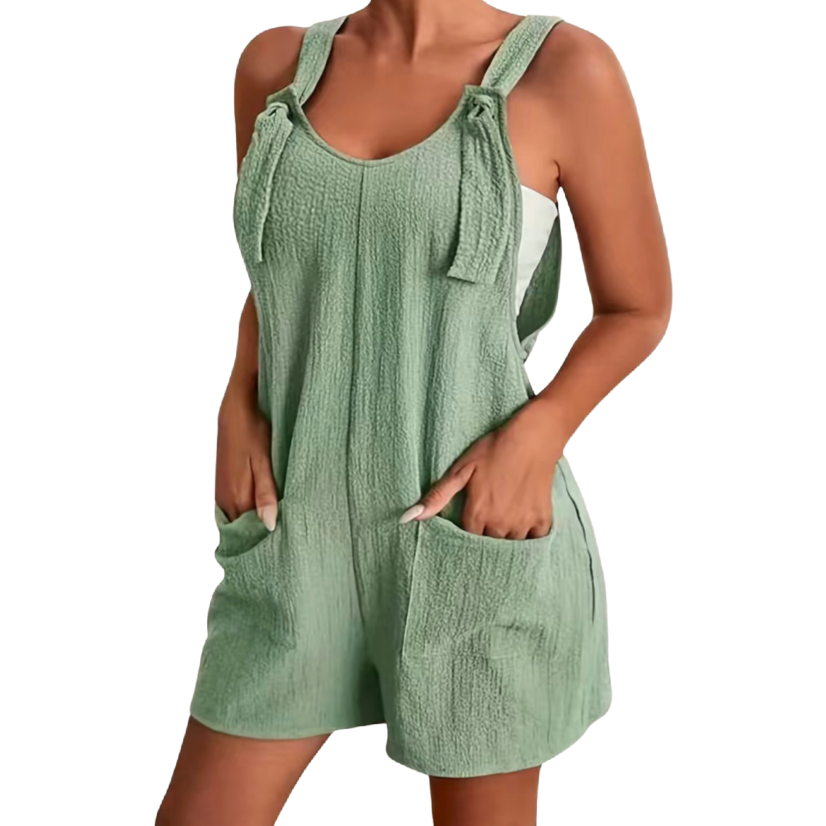 Textured Romper Jumpsuit Overalls In Light Green Adjustable Strap Pocket NEW