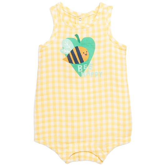 Old Navy Bee Happy Baby Romper Size 3-6 Months Sleeveless Yellow Gingham NWT