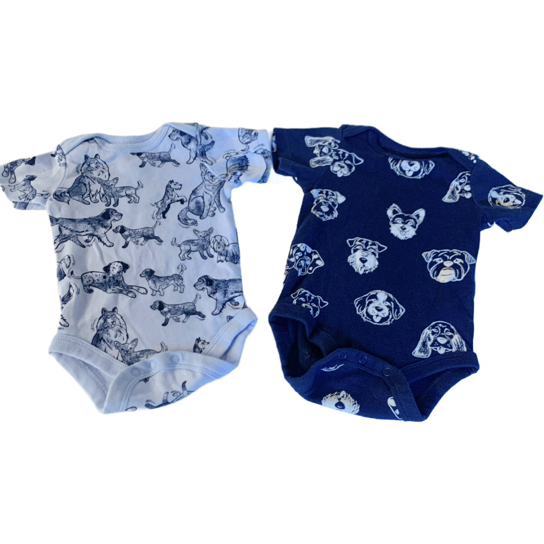 Lot of 2 Member's Mark Bodysuits NB Blue Cotton Puppy Dogs