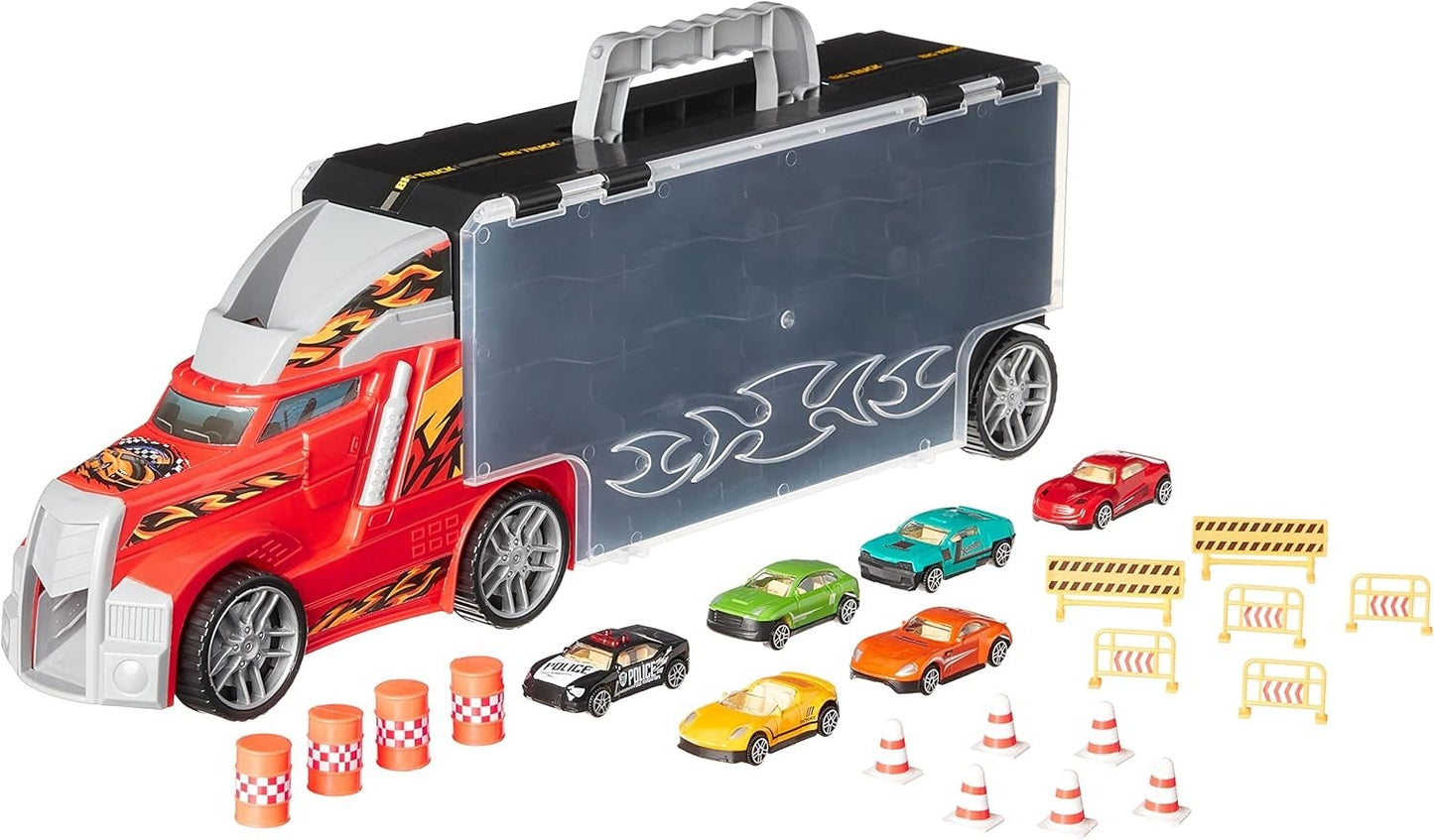 Kids Transport Car Carrier Truck Toy, 6 Die-Cast Vehicles & Road Accessories New