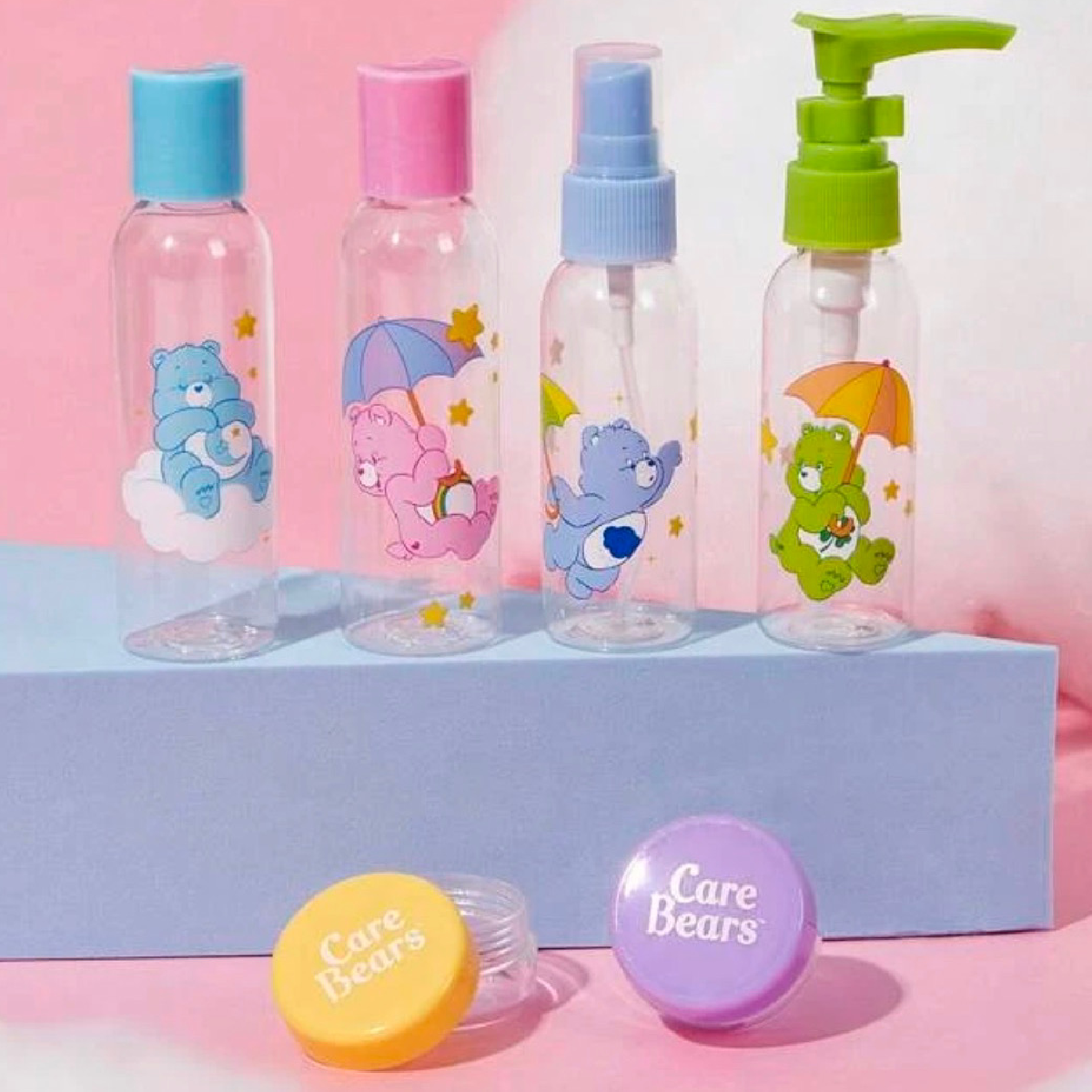 Care Bears Cartoon 14pc Lot Travel Bottles, Mini Makeup Puffs, Powder Puffs New