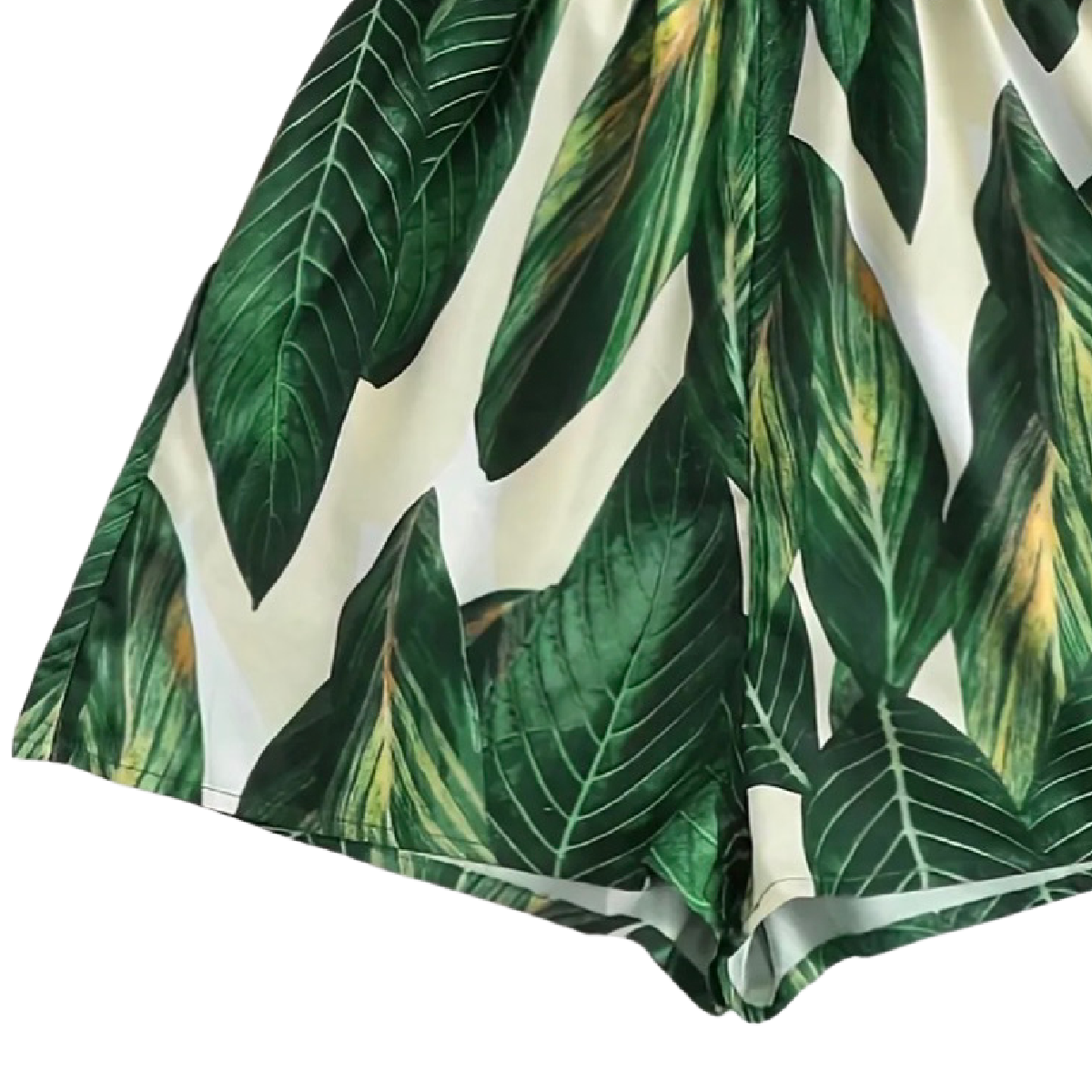 Tropical Green Leaves Romper Jumpsuit Size XL / 12 V-Neck Adjustable Strap NEW
