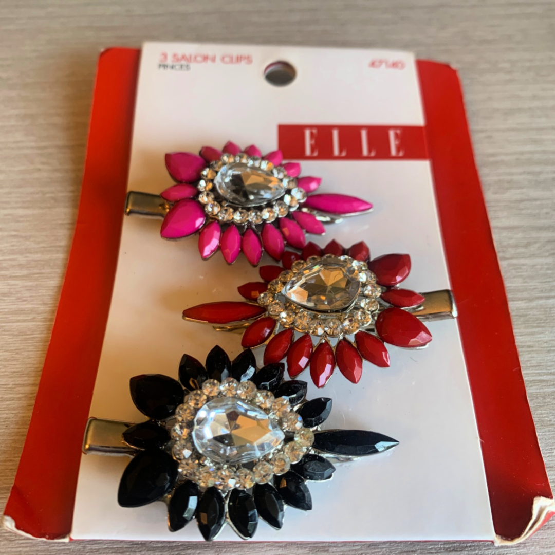 Elle Salon Hair Clips Rhinestone Pack of 3 Pink, Red, Black New