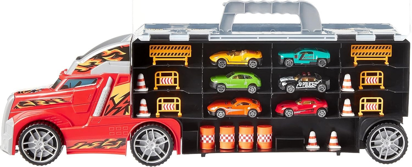 Kids Transport Car Carrier Truck Toy, 6 Die-Cast Vehicles & Road Accessories New