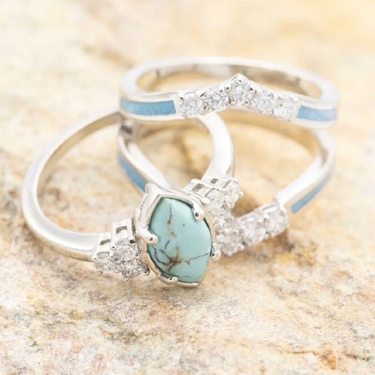 Multilayer Turquoise Rings With Delicate Moissanite Silver Tone 3 Piece New Set